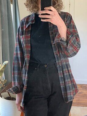 LL.Bean gray and red flannel button-down, size S